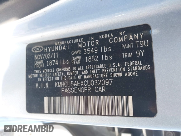 2012 Hyundai Accent SE with VIN KMHCU5AEXCU032097, listed as a IAAI auction lot 41143303 with 29,828 mi miles. Bid and sale history available at carsss.com. Image 9.