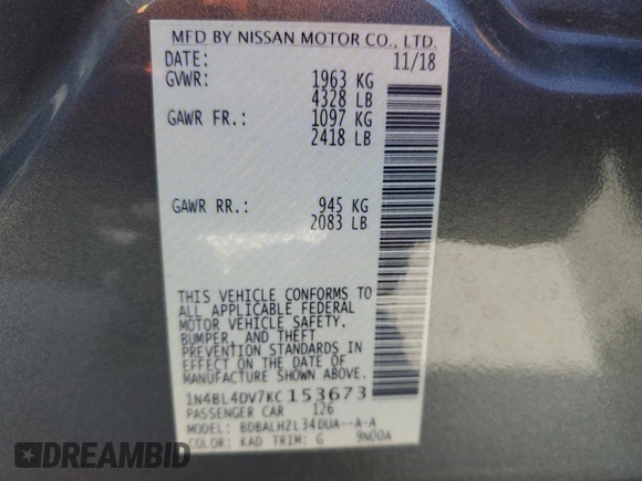 2019 Nissan Altima 2.5 SV with VIN 1N4BL4DV7KC153673, listed as a Copart auction lot 50534195 with 141,978 mi miles and Salvage Title. Bid and sale history available at carsss.com. Image 12.