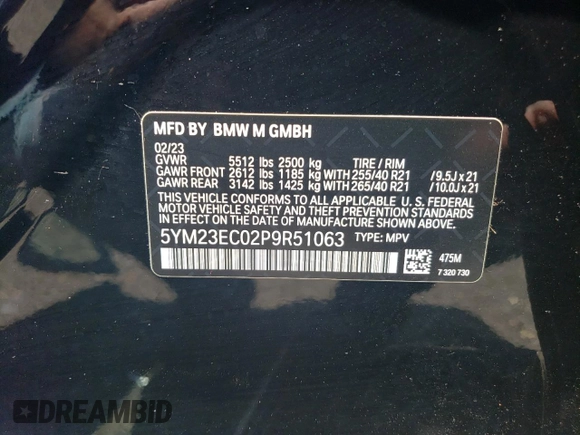 2023 BMW X4 M z VIN 5YM23EC02P9R51063, wystawiony jako Copart lot #62437474 z przebiegiem 5 395 mil mil oraz Szkoda całkowita • Salvage title. Historia ofert i sprzedaży dostępna na DreamBid. Obrazek 12.