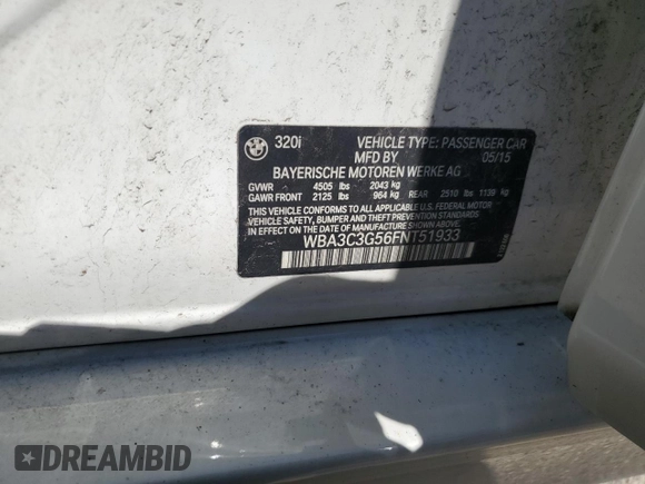 2015 BMW 3 Series 320i xDrive with VIN WBA3C3G56FNT51933, listed as a Copart auction lot 52013535 with 102,826 mi miles and Salvage Title. Bid and sale history available at carsss.com. Image 13.