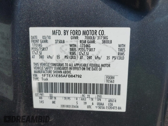 2010 Ford F-150 XL with VIN 1FTEX1E85AFB84792, listed as a IAAI auction lot 42403765 with 169,800 mi miles and . Bid and sale history available at DreamBid. Image 9.