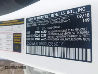 2019 Mercedes-Benz C 300 with VIN 55SWF8DB0KU285014, listed as a IAAI auction lot 41474354 with 79,222 mi miles and . Bid and sale history available at DreamBid. Image 9.