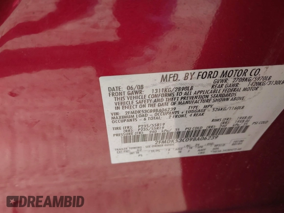 2009 Ford Flex Limited with VIN 2FMDK53C09BA06239, listed as a IAAI auction lot 41698146 with 171,594 mi miles. Bid and sale history available at carsss.com. Image 9.