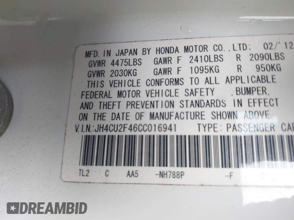 2012 Acura TSX с VIN JH4CU2F46CC016941, выставлен на аукционе IAAI как лот 42172318 с пробегом Не указан миль и . История ставок и продаж доступна на DreamBid. Изображение 9.