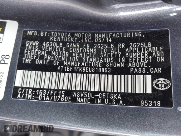 2014 Toyota Camry L with VIN 4T1BF1FK9EU818893, listed as a IAAI auction lot 42051996 with 125,924 mi miles. Bid and sale history available at carsss.com. Image 9.