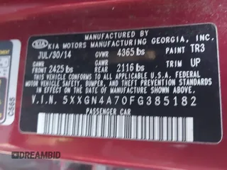 2015 Kia Optima EX with VIN 5XXGN4A70FG385182, listed as a IAAI auction lot 42005000 with 199,417 mi miles. Bid and sale history available at carsss.com. Image 9.