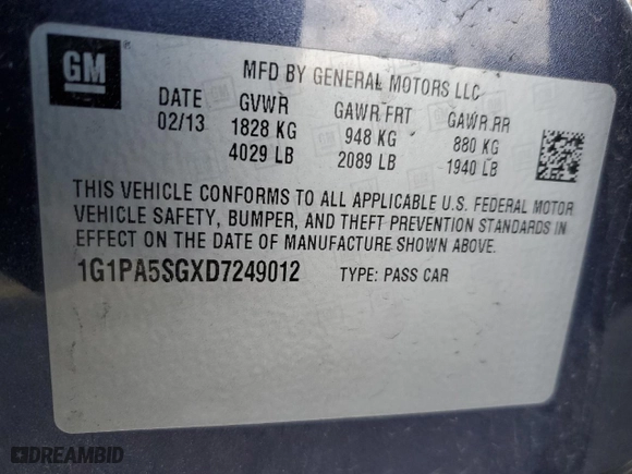 2013 Chevrolet Cruze LS with VIN 1G1PA5SGXD7249012, listed as a Copart auction lot 53461495 with 182,815 mi miles and Salvage Title. Bid and sale history available at carsss.com. Image 13.
