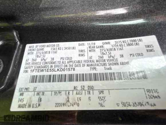 2020 Ford F-150 XL with VIN 1FTEW1E55LKD01578, listed as a Copart auction lot 63279855 with 93,312 mi miles and Clean title. Bid and sale history available at DreamBid. Image 10.