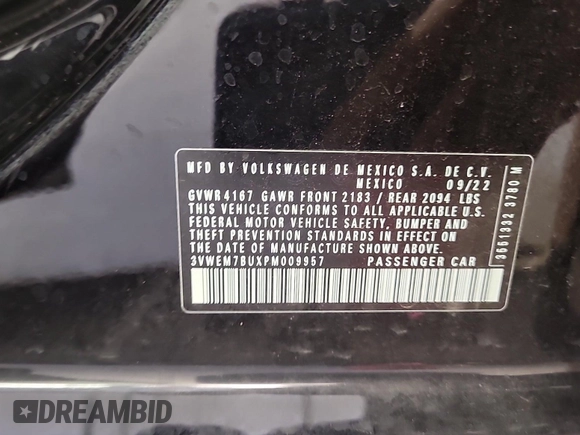 2023 Volkswagen Jetta SE with VIN 3VWEM7BUXPM009957, listed as a IAAI auction lot 42805780 with 2,429 mi miles and . Bid and sale history available at DreamBid. Image 6.