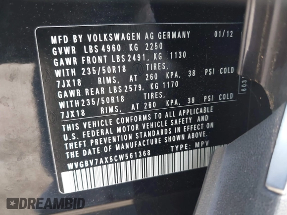 2012 Volkswagen Tiguan SE with VIN WVGBV7AX5CW561368, listed as a IAAI auction lot 42197389 with 63,809 mi miles and . Bid and sale history available at DreamBid. Image 9.