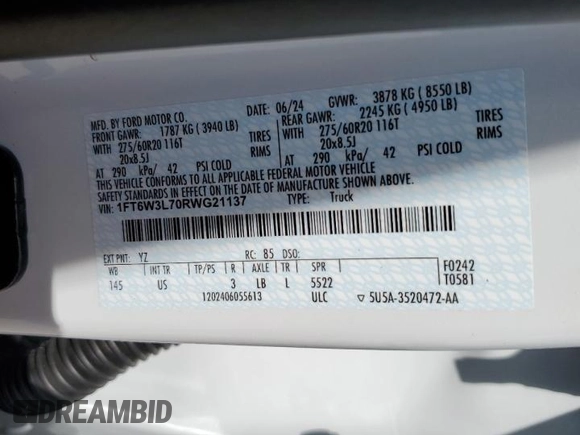 2024 Ford F-150 Lightning Flash z VIN 1FT6W3L70RWG21137, wystawiony jako Copart lot #48894615 z przebiegiem Nie podano mil oraz Szkoda całkowita • Salvage title. Historia ofert i sprzedaży dostępna na DreamBid. Obrazek 15.