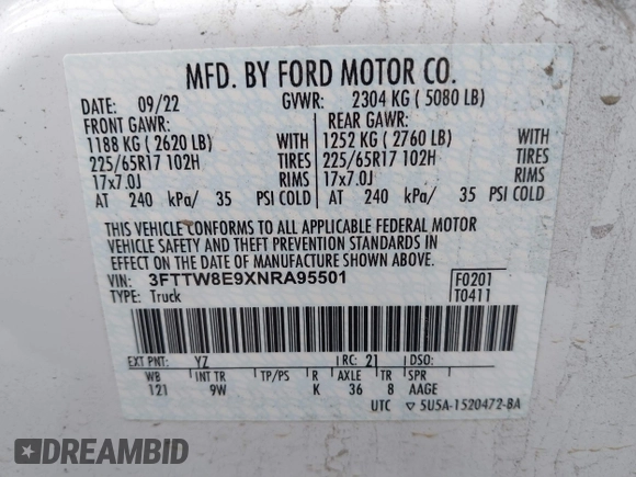2022 Ford Maverick XL with VIN 3FTTW8E9XNRA95501, listed as a IAAI auction lot 41529290 with 33,664 mi miles and . Bid and sale history available at DreamBid. Image 9.