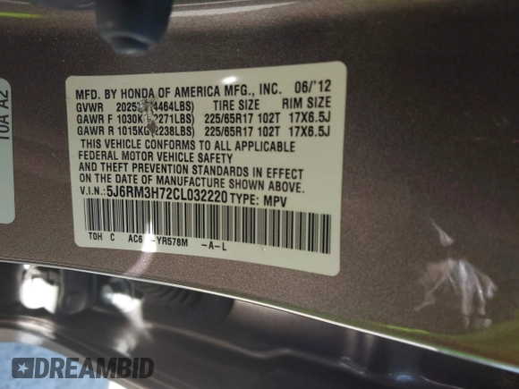 2012 Honda CR-V EX-L with VIN 5J6RM3H72CL032220, listed as a IAAI auction lot 41847196 with 124,876 mi miles. Bid and sale history available at carsss.com. Image 9.