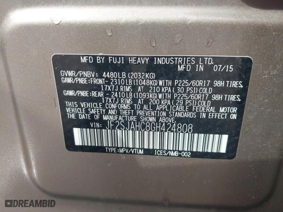 2016 Subaru Forester 2.5i Limited with VIN JF2SJAHC8GH424808, listed as a IAAI auction lot 41905068 with 136,344 mi miles. Bid and sale history available at carsss.com. Image 9.
