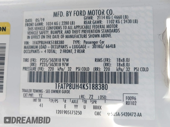 2019 Ford Mustang EcoBoost with VIN 1FATP8UH4K5188380, listed as a IAAI auction lot 40703415 with 63,748 mi miles. Bid and sale history available at carsss.com. Image 9.