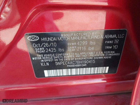 2011 Hyundai Sonata Ltd with VIN 5NPEC4AC7BH190415, listed as a IAAI auction lot 41933037 with 146,513 mi miles. Bid and sale history available at carsss.com. Image 9.