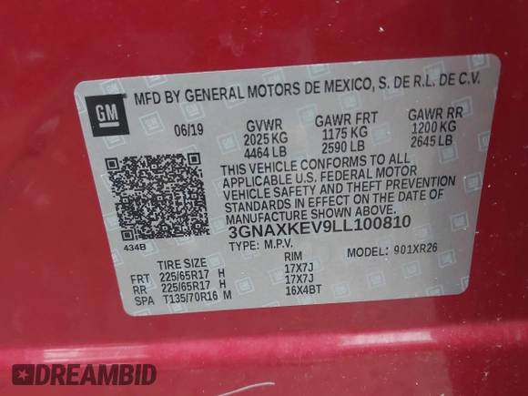 2020 Chevrolet Equinox LT with VIN 3GNAXKEV9LL100810, listed as a IAAI auction lot 41963228 with 128,290 mi miles and . Bid and sale history available at carsss.com. Image 9.