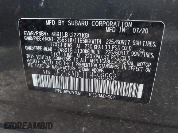2020 Subaru Forester with VIN JF2SKADC1LH598992, listed as a IAAI auction lot 42382310 with 45,923 mi miles and . Bid and sale history available at DreamBid. Image 9.