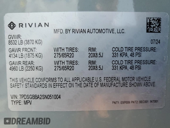 2025 Rivian R1S Adventure z VIN 7PDSGBBA2SN051004, wystawiony jako Copart lot #58999005 z przebiegiem 786 mil mil oraz Szkoda całkowita • Salvage title. Historia ofert i sprzedaży dostępna na DreamBid. Obrazek 14.
