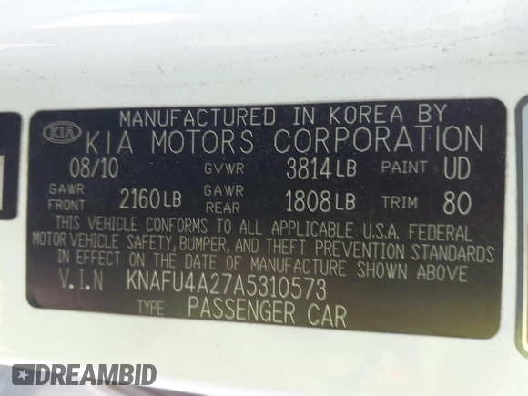 2010 Kia Forte EX with VIN KNAFU4A27A5310573, listed as a IAAI auction lot 41398134 with 167,264 mi miles. Bid and sale history available at carsss.com. Image 9.