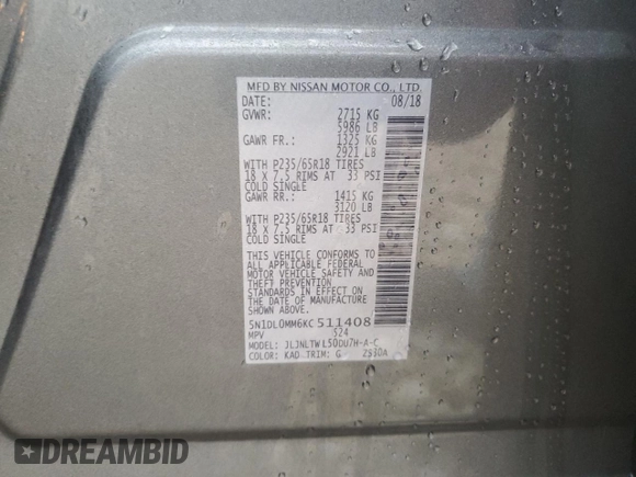 2019 Infiniti QX60 Luxe z VIN 5N1DL0MM6KC511408, wystawiony jako Copart lot #44549355 z przebiegiem 86 984 mil mil oraz Szkoda całkowita • Salvage title. Historia ofert i sprzedaży dostępna na DreamBid. Obrazek 15.