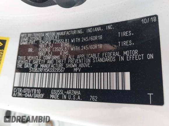 2019 Toyota Highlander LE with VIN 5TDBZRFH5KS929567, listed as a IAAI auction lot 42603356 with 40,368 mi miles and . Bid and sale history available at DreamBid. Image 9.