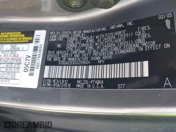 2005 Toyota Sienna XLE with VIN 5TDZA22C65S299604, listed as a IAAI auction lot 41949186 with 205,243 mi miles and . Bid and sale history available at carsss.com. Image 9.