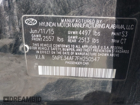 2015 Hyundai Sonata 2.4L Sport with VIN 5NPE34AF7FH250547, listed as a IAAI auction lot 42033370 with 79,840 mi miles. Bid and sale history available at carsss.com. Image 9.