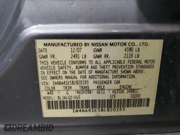2008 Nissan Maxima 3.5 SL with VIN 1N4BA41E58C820193, listed as a Copart auction lot 45269775 with 114,315 mi miles and Non Repairable. Bid and sale history available at carsss.com. Image 12.