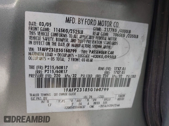 2005 Ford Five Hundred SE z VIN 1FAFP23185G168799, wystawiony jako IAAI lot #42202907 z przebiegiem Nie podano mil oraz . Historia ofert i sprzedaży dostępna na DreamBid. Obrazek 9.