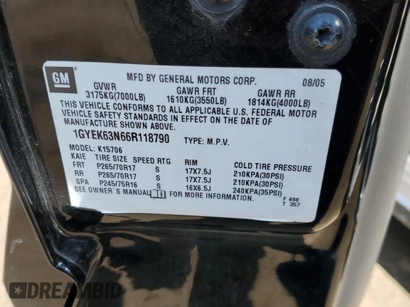 2006 Cadillac Escalade z VIN 1GYEK63N66R118790, wystawiony jako Copart lot #54369545 z przebiegiem 224 096 mil mil oraz Szkoda całkowita • Salvage title. Historia ofert i sprzedaży dostępna na DreamBid. Obrazek 13.