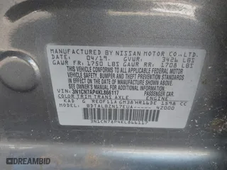 2019 Nissan Versa Sedan SV with VIN 3N1CN7AP4KL866117, listed as a IAAI auction lot 41354435 with 94,559 mi miles. Bid and sale history available at carsss.com. Image 9.