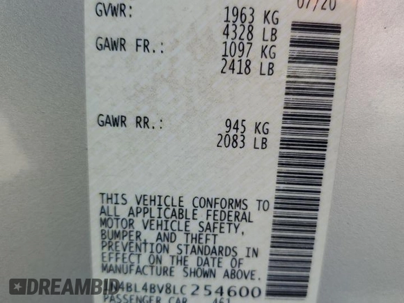 2020 Nissan Altima S with VIN 1N4BL4BV8LC254600, listed as a Copart auction lot 49856945 with 57,944 mi miles and Salvage Title. Bid and sale history available at carsss.com. Image 12.