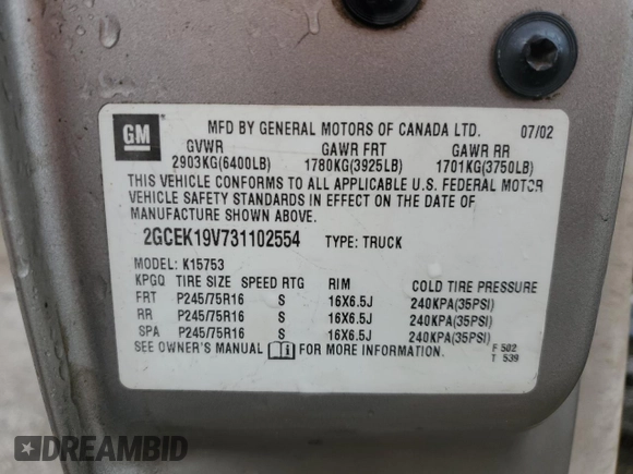 2003 Chevrolet Silverado 1500 with VIN 2GCEK19V731102554, listed as a Copart auction lot 83031934 with 279,206 mi miles and Salvage Title. Bid and sale history available at carsss.com. Image 14.