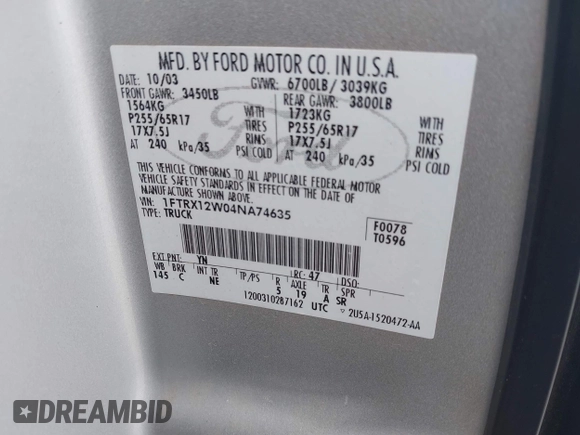 2004 Ford F-150 STX with VIN 1FTRX12W04NA74635, listed as a IAAI auction lot 42315599 with 179,559 mi miles and . Bid and sale history available at DreamBid. Image 9.