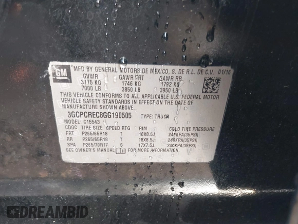 2016 Chevrolet Silverado 1500 LT with VIN 3GCPCREC8GG190505, listed as a IAAI auction lot 42107888 with 134,116 mi miles and . Bid and sale history available at DreamBid. Image 9.