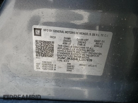 2020 Chevrolet Trax LS with VIN 3GNCJKSB4LL157839, listed as a Copart auction lot 48730334 with 53,896 mi miles and Salvage Title. Bid and sale history available at DreamBid. Image 15.