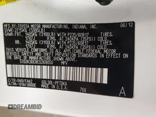 2012 Toyota Sienna with VIN 5TDZK3DC8CS269050, listed as a Copart auction lot 45496015 with 179,666 mi miles and Salvage Title. Bid and sale history available at carsss.com. Image 13.