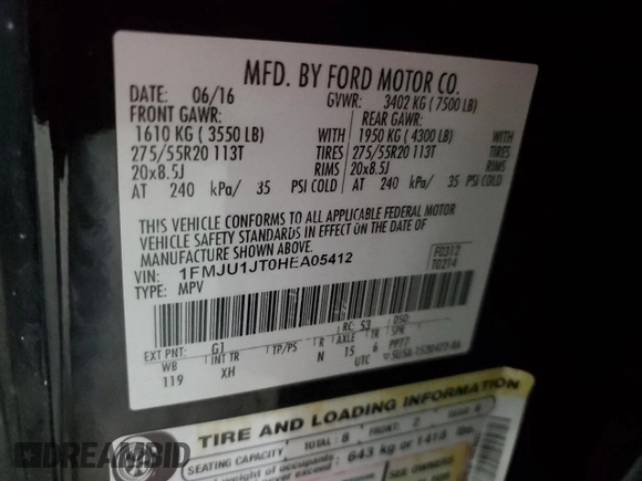 2017 Ford Expedition XLT с VIN 1FMJU1JT0HEA05412, выставлен на аукционе Copart как лот 53601245 с пробегом 124 921 миль миль и Списание • Salvage title. История ставок и продаж доступна на DreamBid. Изображение 15.