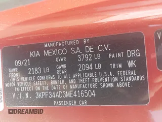2021 Kia Forte GT-Line with VIN 3KPF34AD3ME416504, listed as a IAAI auction lot 42030382 with 47,586 mi miles and . Bid and sale history available at DreamBid. Image 9.