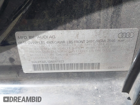 2013 Audi A4 Premium Plus with VIN WAUFFAFL1DN041923, listed as a IAAI auction lot 41993924 with 147,742 mi miles. Bid and sale history available at carsss.com. Image 9.