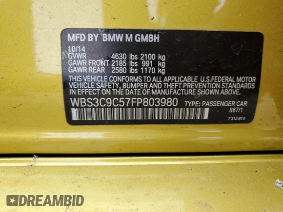 2015 BMW M3 with VIN WBS3C9C57FP803980, listed as a Copart auction lot 42072483 with 0 mi miles. Bid and sale history available at carsss.com. Image 14.