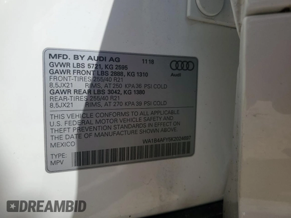 2019 Audi SQ5 Premium Plus with VIN WA1B4AFY5K2024697, listed as a Copart auction lot 75932164 with 33,576 mi miles and Non Repairable. Bid and sale history available at DreamBid. Image 13.