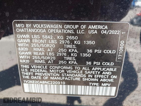2022 Volkswagen Atlas SE z VIN 1V2KE2CA8NC220310, wystawiony jako IAAI lot #42218718 z przebiegiem 28 603 mil mil oraz . Historia ofert i sprzedaży dostępna na DreamBid. Obrazek 9.
