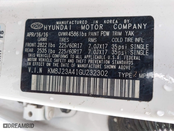 2016 Hyundai Tucson SE with VIN KM8J23A41GU232302, listed as a IAAI auction lot 42056851 with 119,159 mi miles. Bid and sale history available at carsss.com. Image 9.