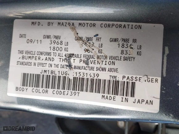 2012 Mazda Mazda3 i Sport with VIN JM1BL1UG6C1531439, listed as a IAAI auction lot 41391538 with NaN miles. Bid and sale history available at carsss.com. Image 9.