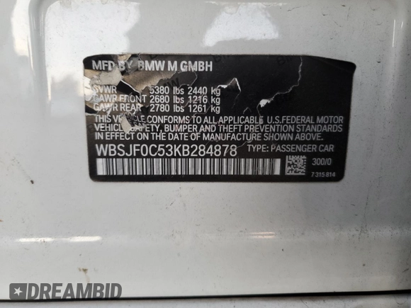 2019 BMW M5 z VIN WBSJF0C53KB284878, wystawiony jako Copart lot #86763564 z przebiegiem Nie podano mil oraz Szkoda całkowita • Salvage title. Historia ofert i sprzedaży dostępna na DreamBid. Obrazek 12.