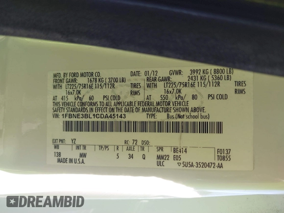 2012 Ford Econoline Passenger XL with VIN 1FBNE3BL1CDA45143, listed as a IAAI auction lot 40248086 with 83,034 mi miles. Bid and sale history available at carsss.com. Image 9.