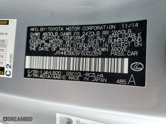 2015 Lexus RC 350 with VIN JTHHE5BC5F5002359, listed as a Copart auction lot 51528635 with 104,529 mi miles and Salvage Title. Bid and sale history available at carsss.com. Image 12.