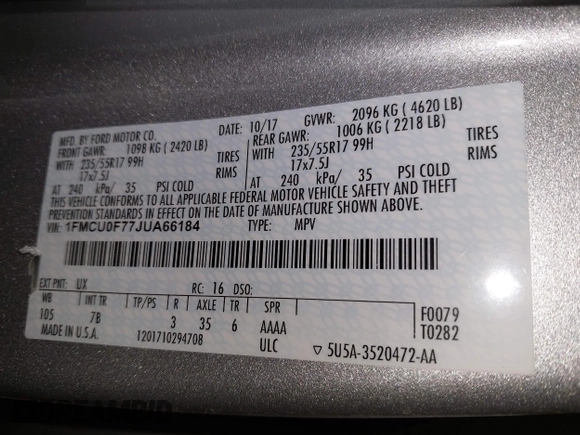 2018 Ford Escape S with VIN 1FMCU0F77JUA66184, listed as a IAAI auction lot 42177756 with 232,746 mi miles and . Bid and sale history available at carsss.com. Image 9.